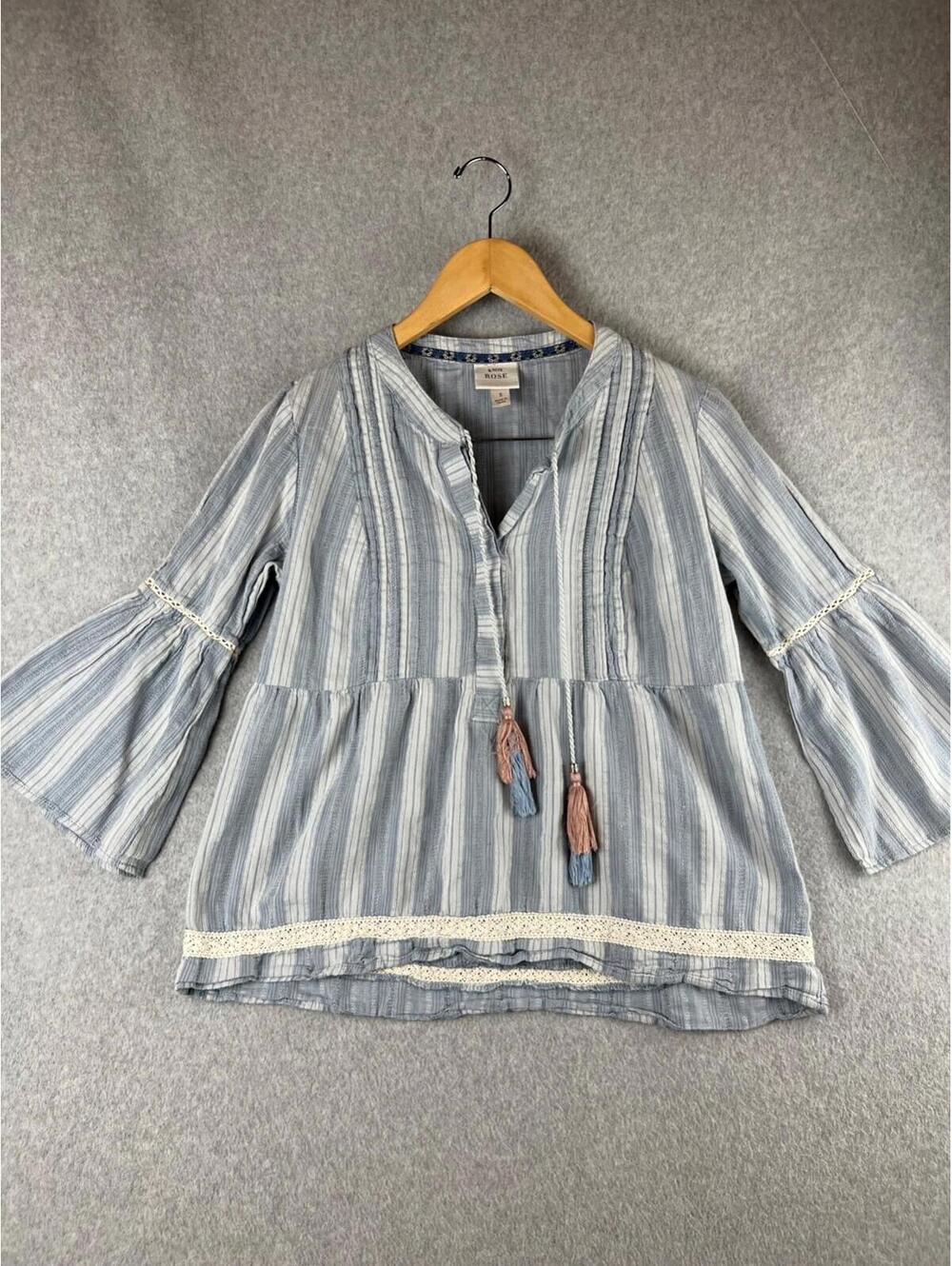 Knox Rose Shirt Boho Peasant Blouse Womens S 3/4 Flare Sleeve Striped Blue